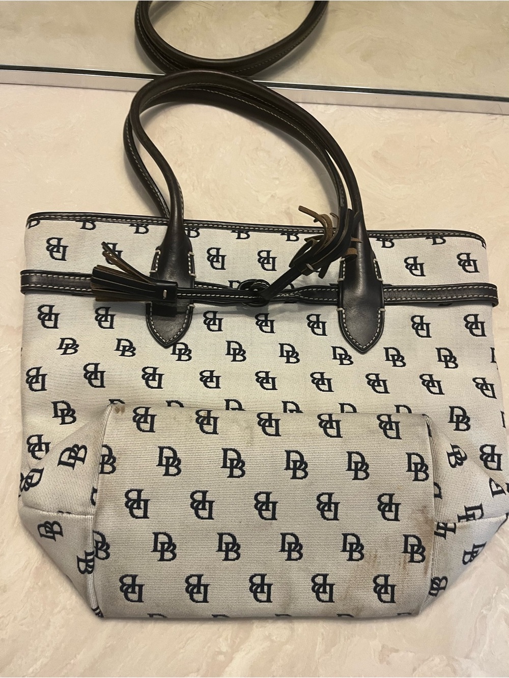 Dooney & Bourke White Canvas Tote with Dark Brown Trim